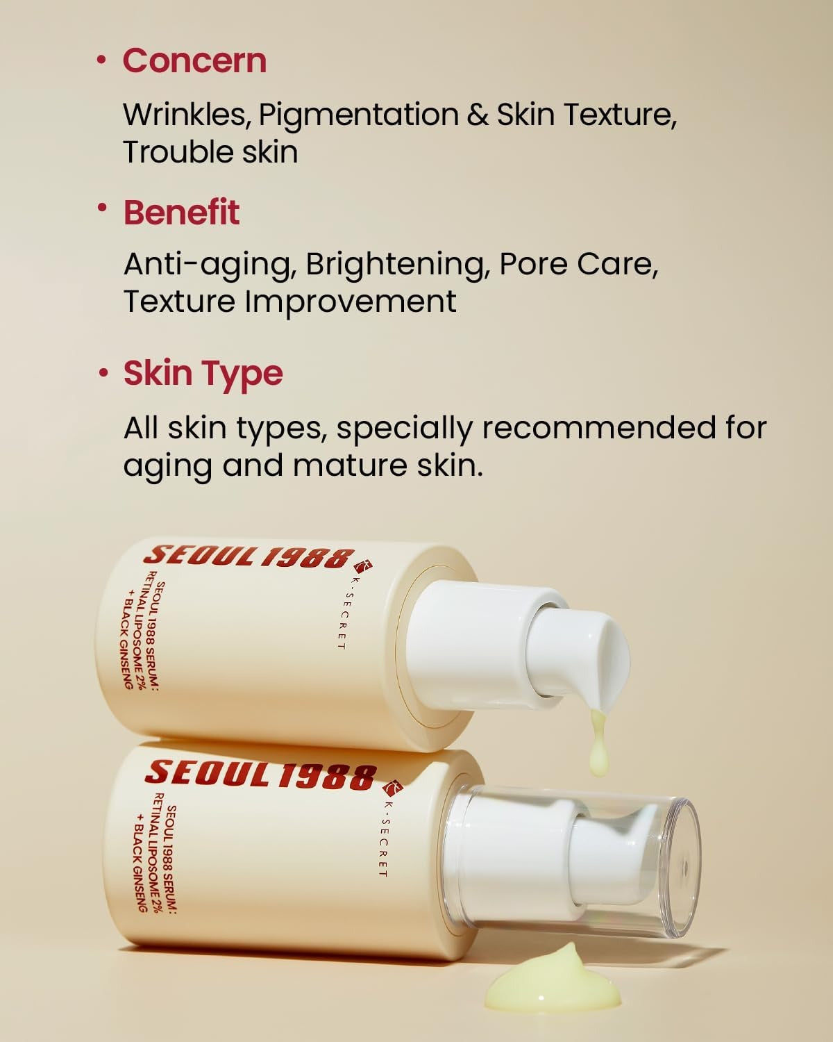 SEOUL 1988 Retinal Serum: 2% Retinal Liposome Black Ginseng Niacinamide Bakuchiol Vitamin C