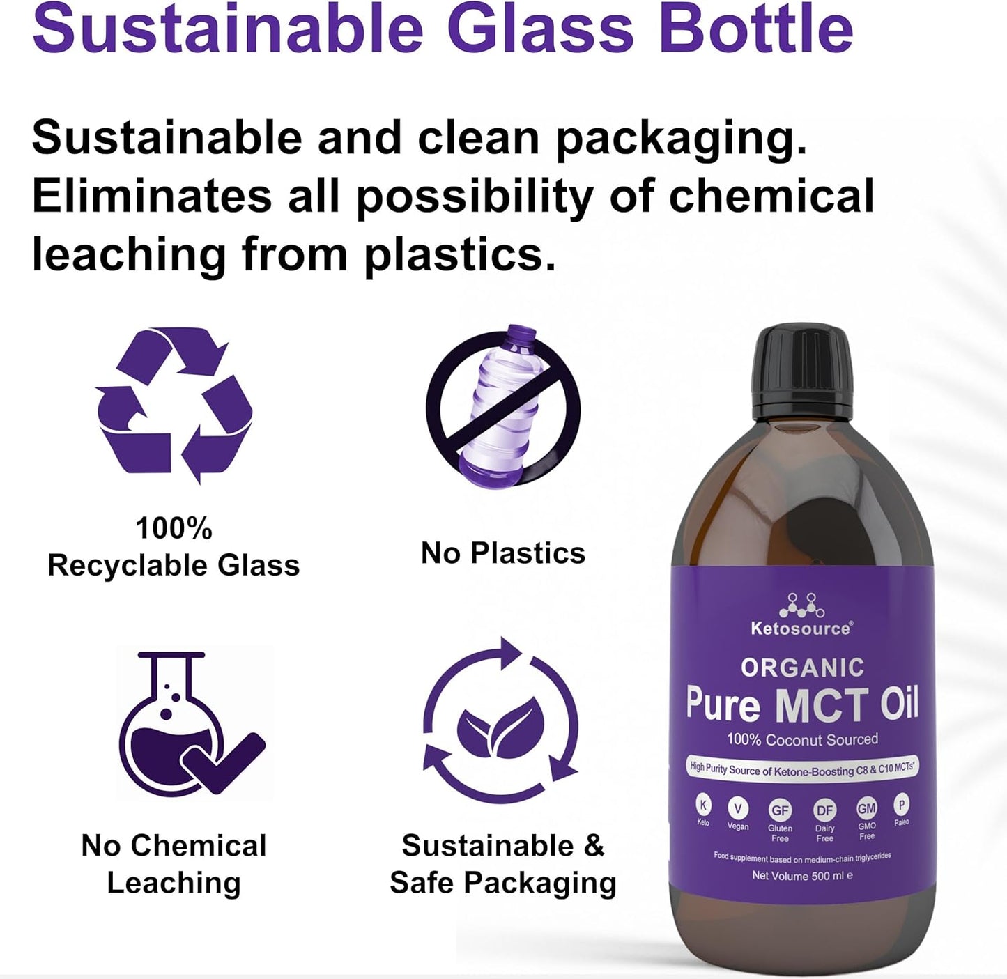Pure MCT Oil Organic | 100% Coconut Organic MCT Oil C8 C10 Glass Bottle